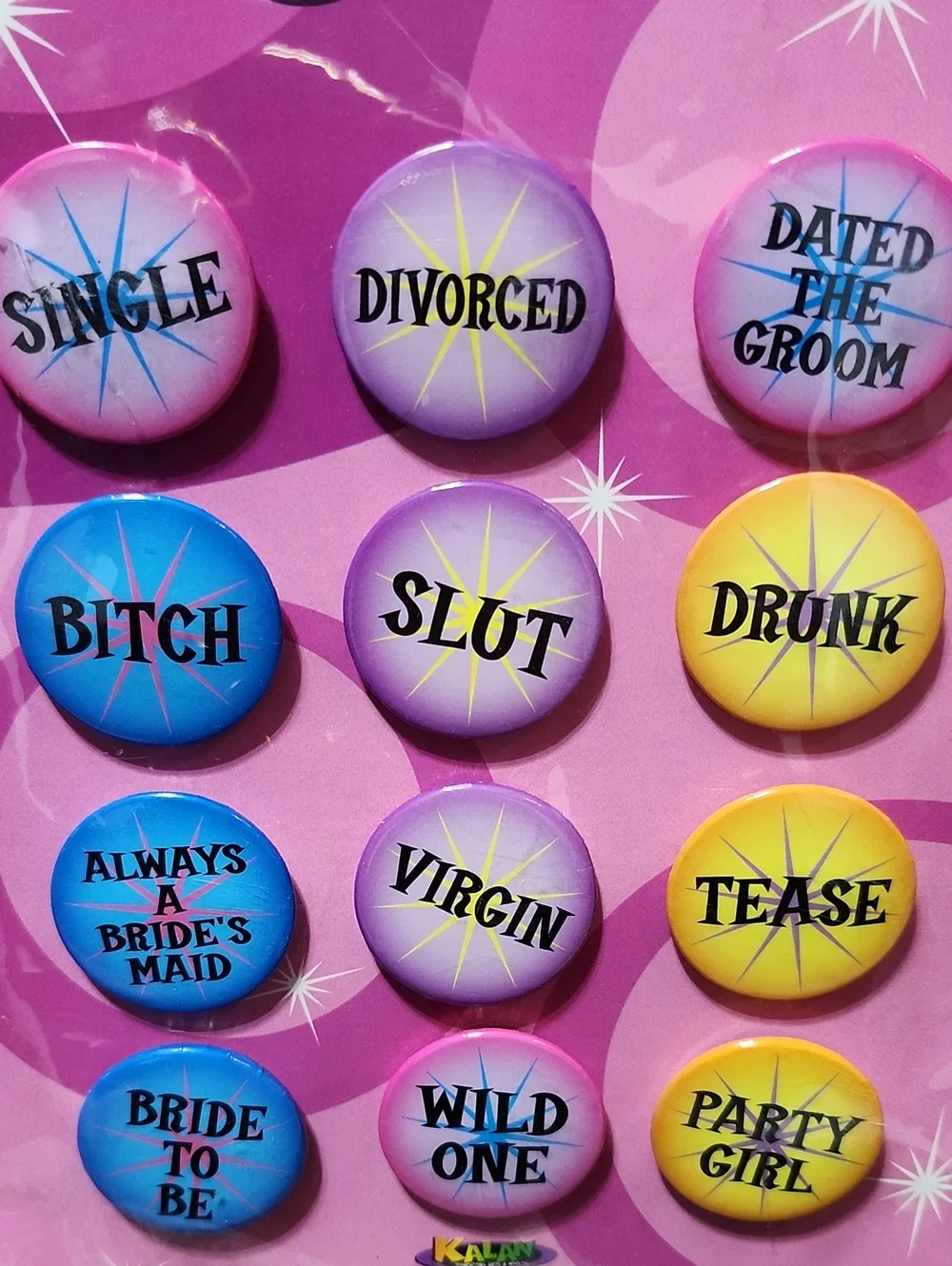 KALAN BACHELORETTE PARTY NOVELTY HUMOROUS 12 PIECE PIN-BACK BUTTONS BADGES